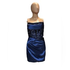 Navy Blue Satin & Sequin Mini Holiday Party Dress Size 0